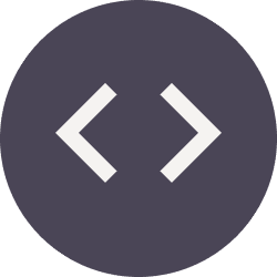Coding symbol on dark circular background.