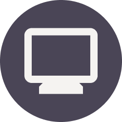 Computer monitor icon on dark circle background.