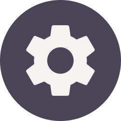 Gear icon on dark circular background.